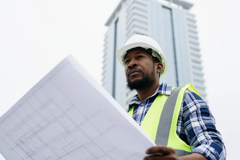 Black male construction engineer reviewing blueprint on urban building site