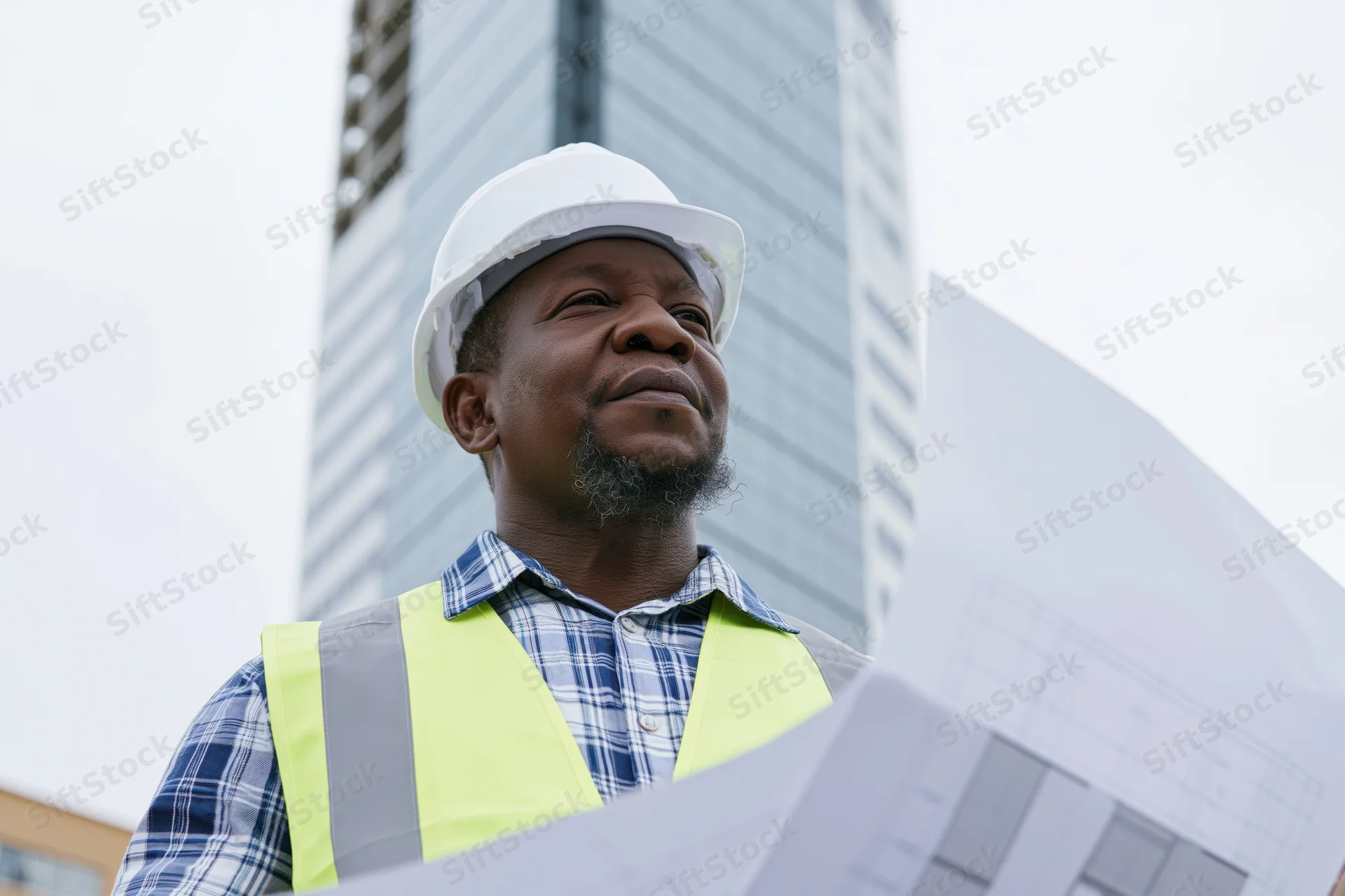 Black man in safety helmet and vest holding blueprints on construction site with skyscraper in background