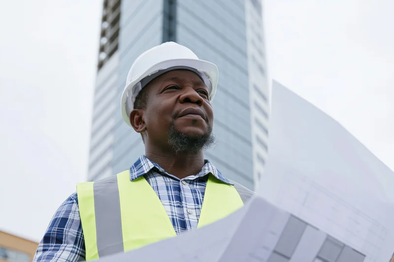 Black man in safety helmet and vest holding blueprints on construction site with skyscraper in background