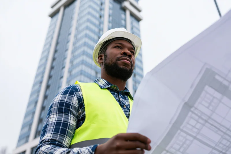 Black male construction engineer reviewing blueprint on urban building site
