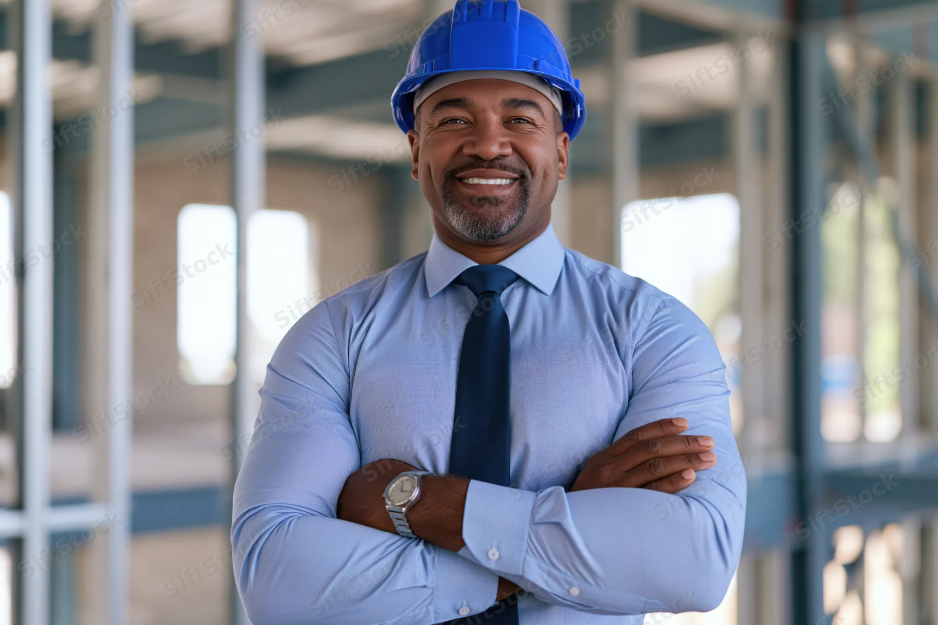 Black male construction manager smiling with arms crossed on a building site
