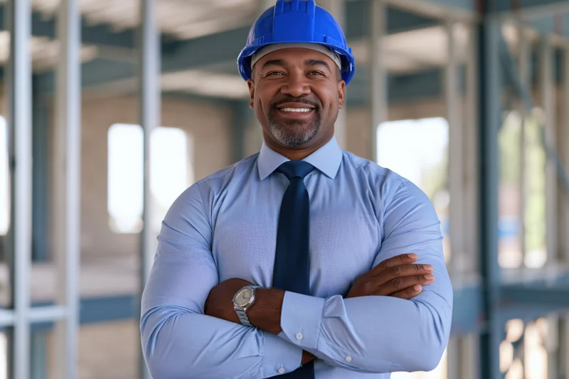 Black male construction manager smiling with arms crossed on a building site