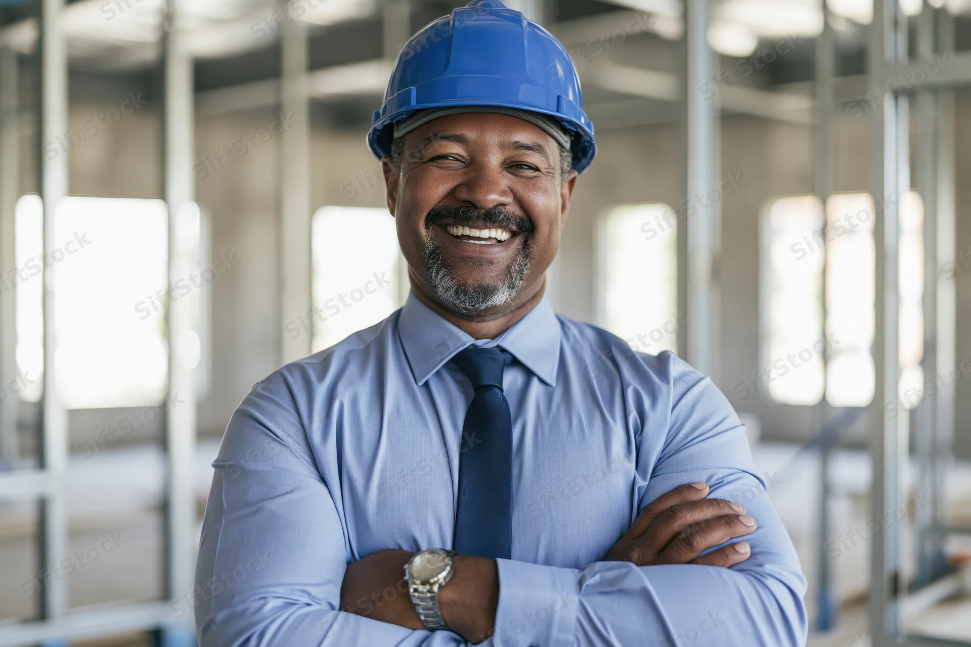 Black male construction manager smiling with arms crossed on a building site