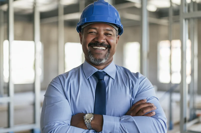 Black male construction manager smiling with arms crossed on a building site