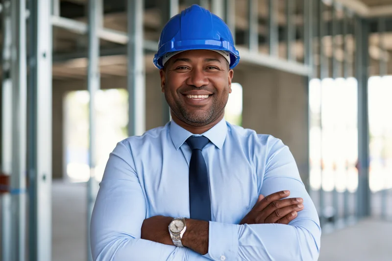 Black man in blue hardhat and dress shirt smiling with arms crossed at construction site