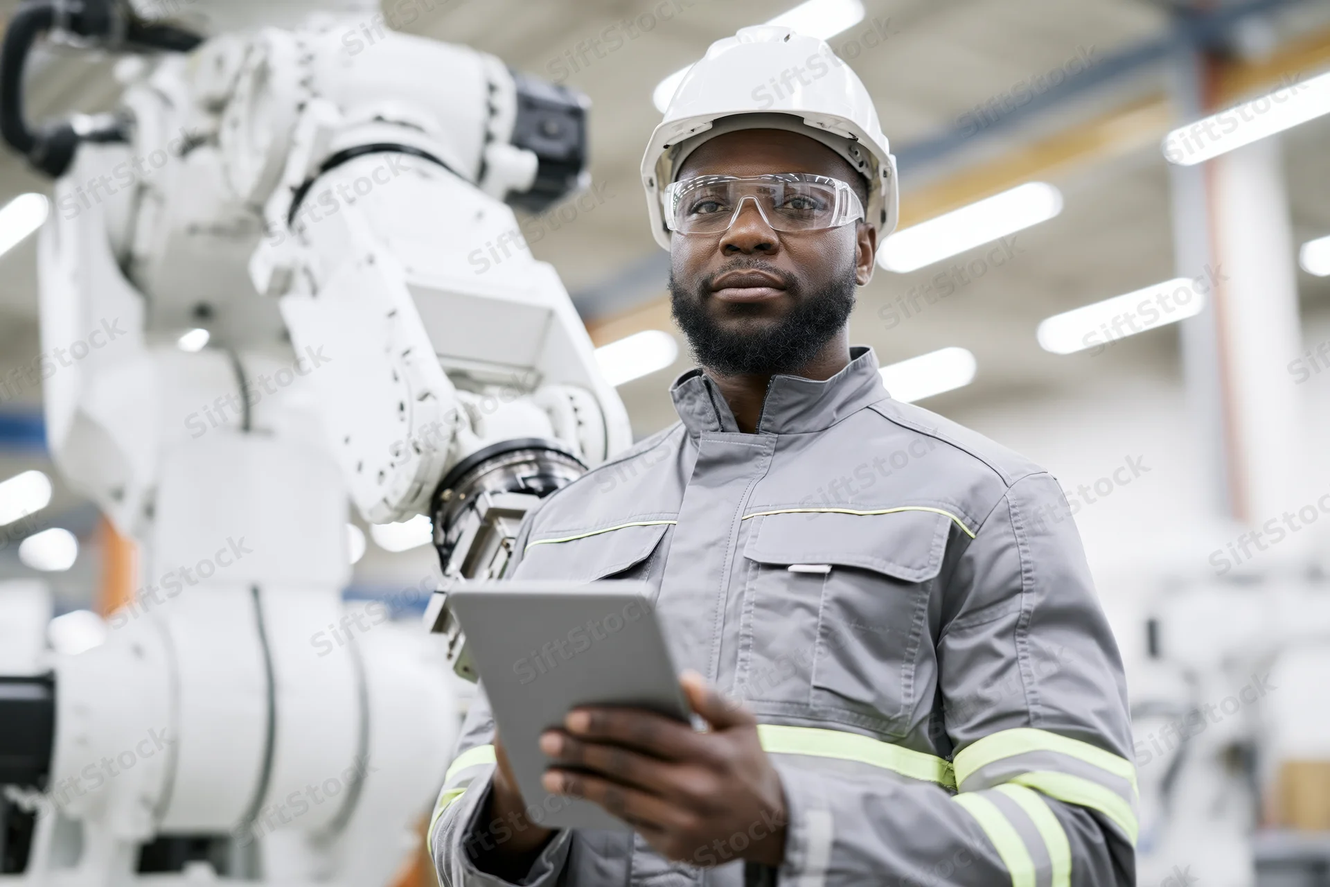 Black male engineer in gray uniform with tablet and safety gear standing in factory near robotic arm