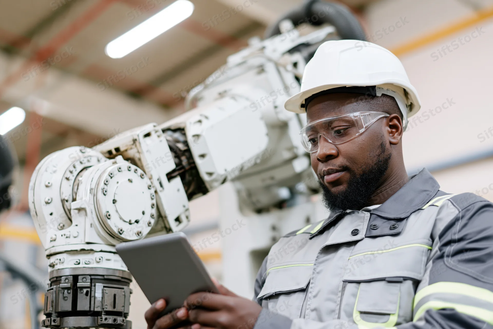 Black male engineer in white hard hat and safety glasses using tablet in factory near robotic arm