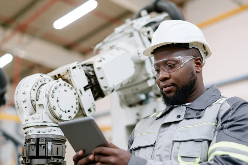 Black male engineer in white hard hat and safety glasses using tablet in factory near robotic arm