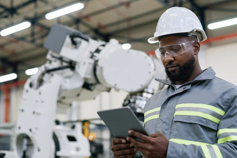 Black male engineer in white hard hat and safety glasses using tablet in factory with robotic arm in background