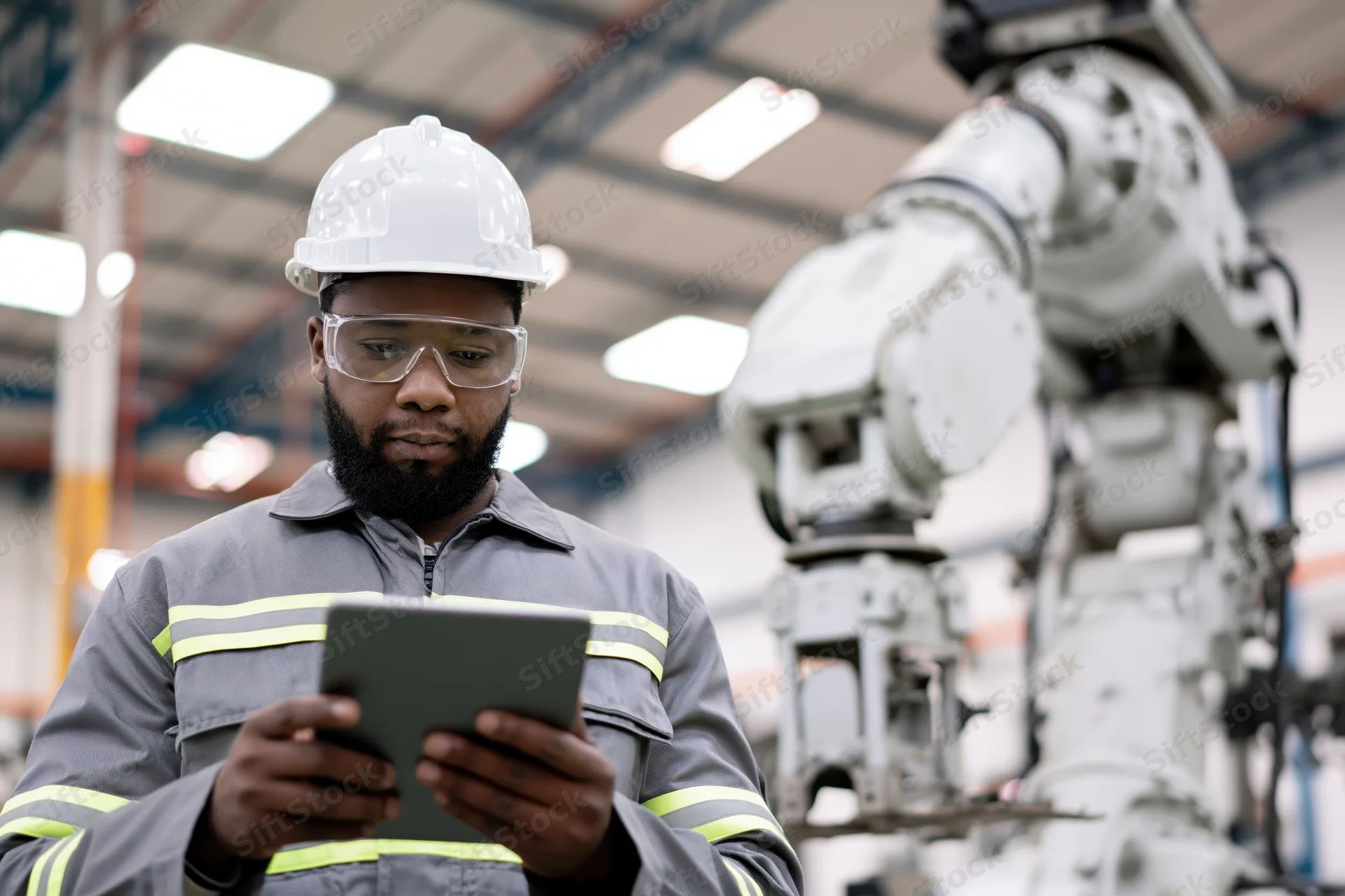Black male engineer in white hard hat and safety goggles using tablet in factory with robotic arm in background