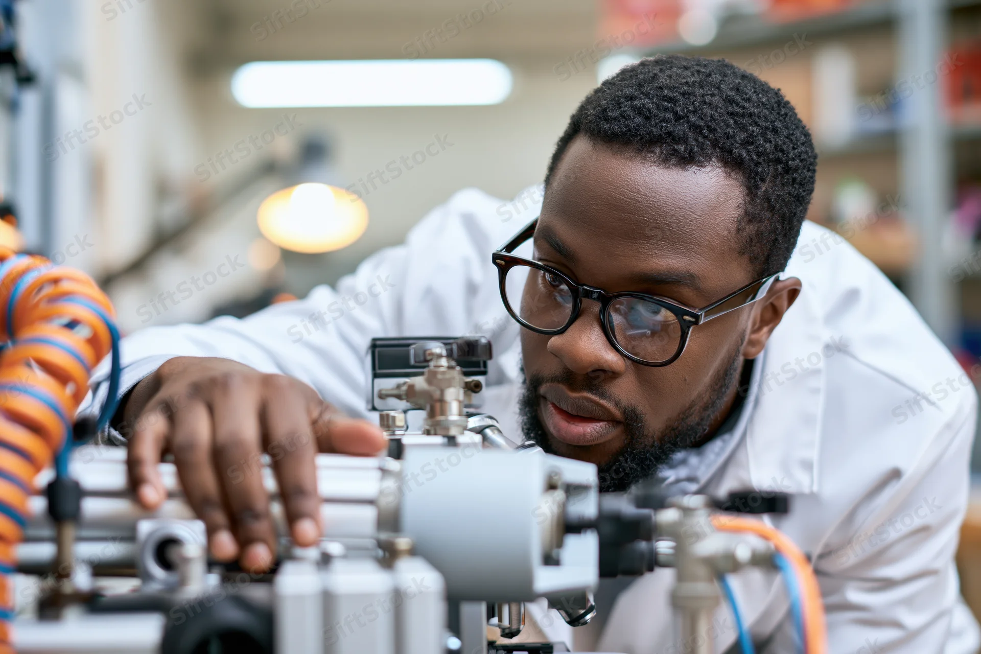 Black male engineer in lab coat adjusting machinery in workshop