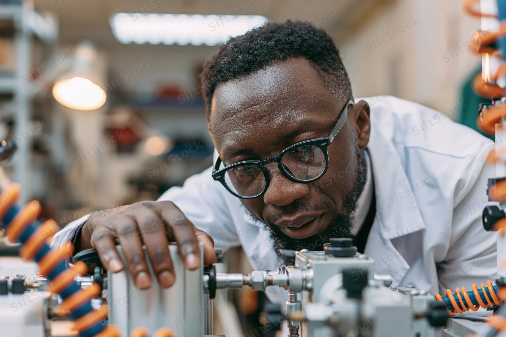 Black man in lab coat and glasses concentrating on machinery in workshop