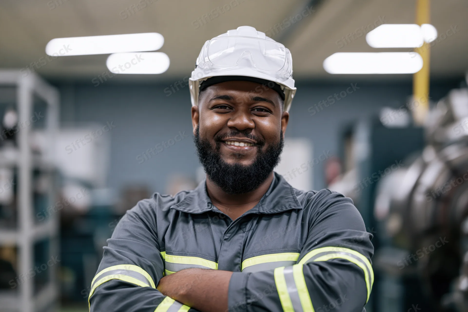 Black man in industrial safety gear smiling with arms crossed in factory workshop