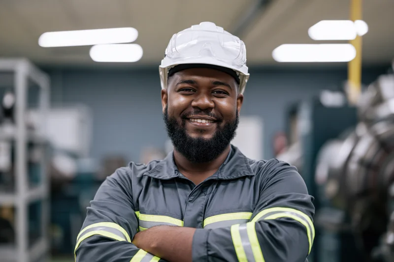 Black man in industrial safety gear smiling with arms crossed in factory workshop