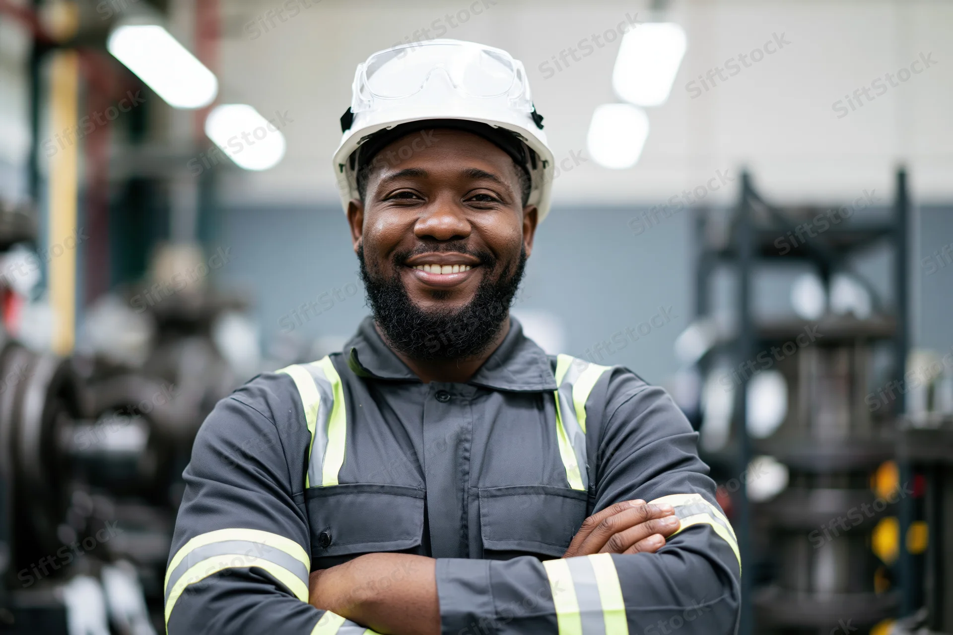 Black man in industrial safety gear smiling with arms crossed in factory workshop