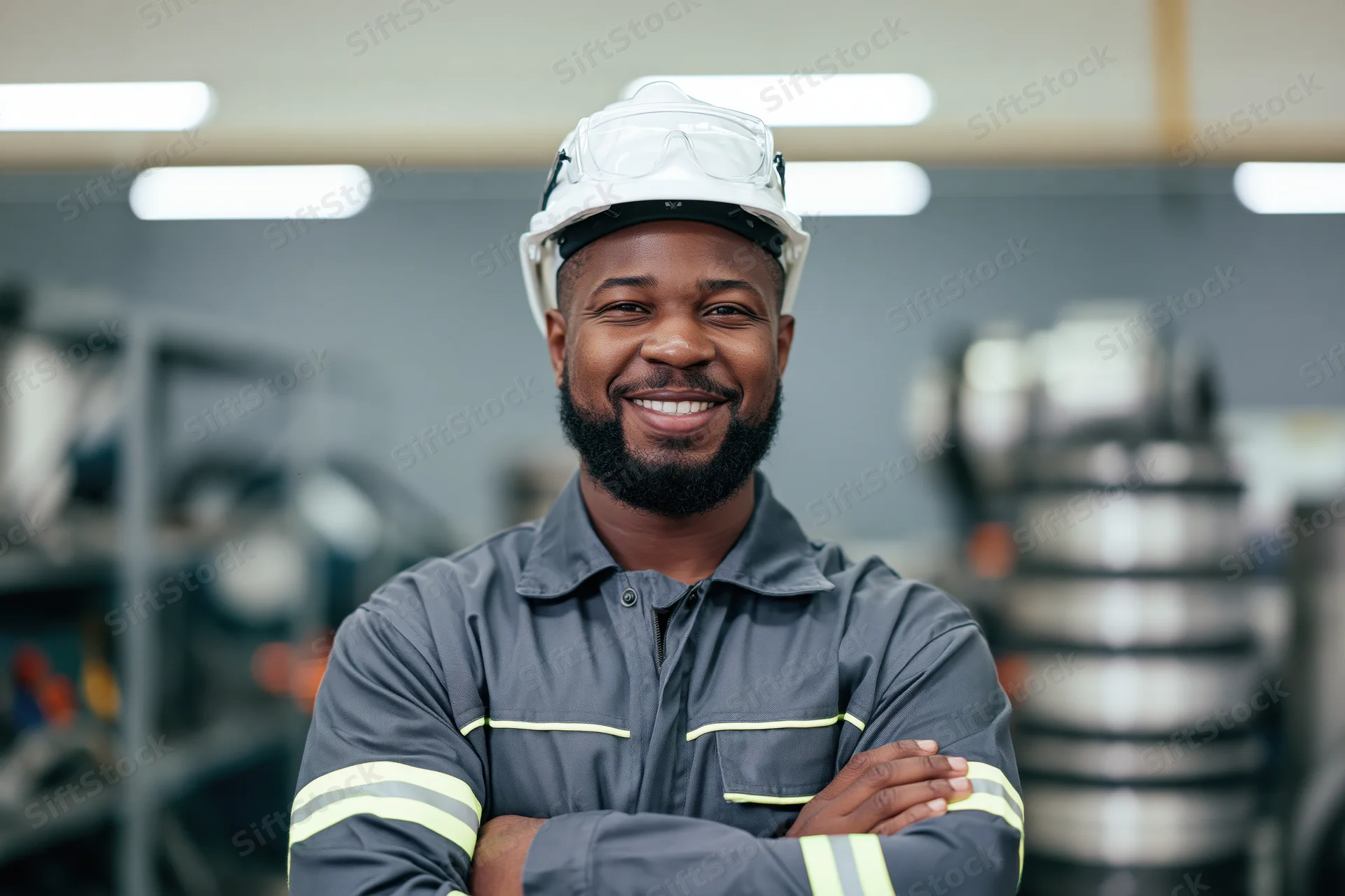 Black man in industrial uniform with arms crossed smiling in factory workshop