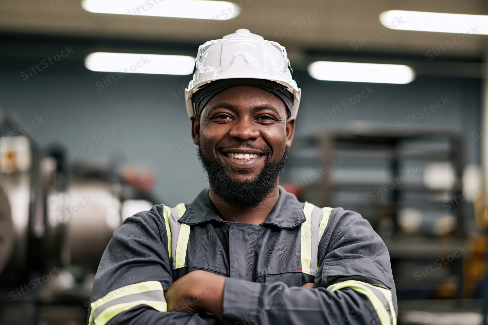 Black man in industrial safety gear smiling with arms crossed in factory workshop