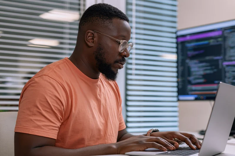 Black man typing on laptop at office desk with monitor displaying code