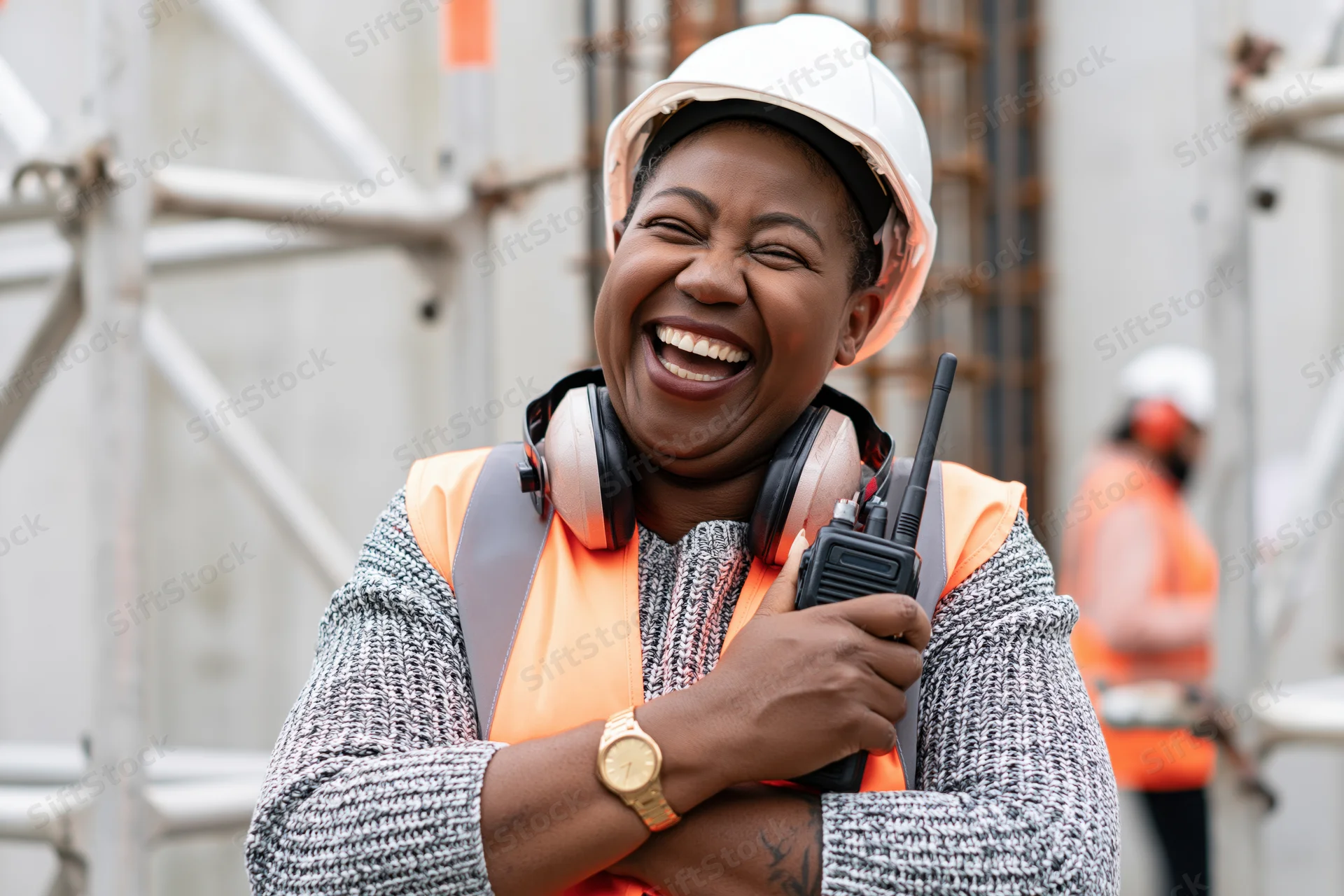 Black woman construction worker laughing while holding walkietalkie on building site