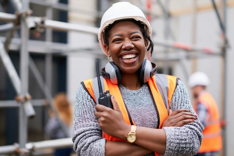 Smiling black woman construction worker in safety gear holding walkie-talkie on building site
