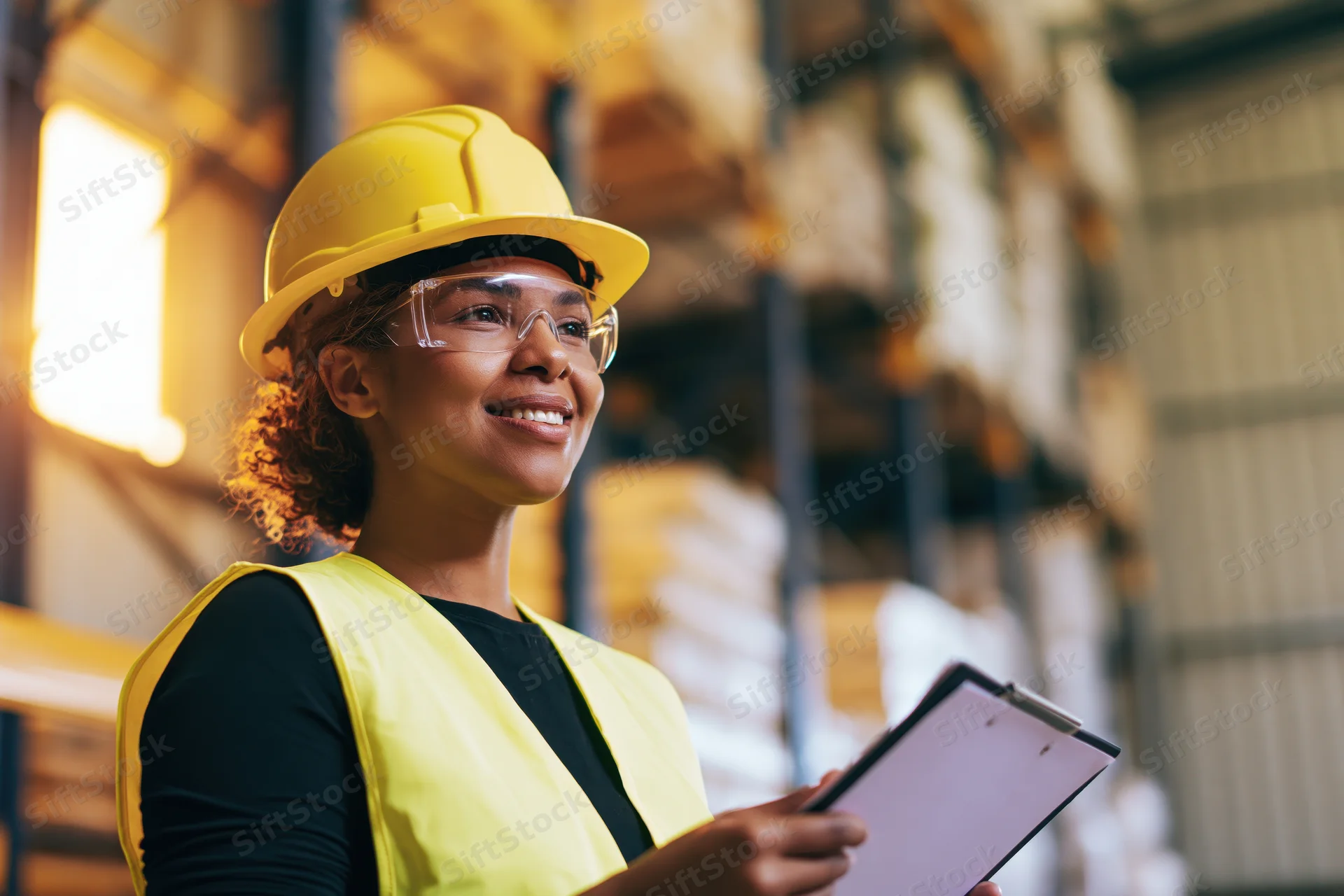 Woman in yellow safety helmet and vest holding clipboard in warehouse interior