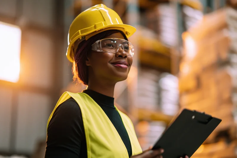 Black woman warehouse worker in yellow safety helmet and vest holding clipboard while smiling in industrial facility