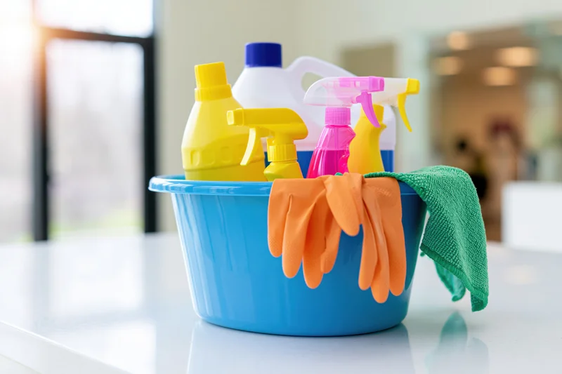 Blue plastic bucket filled with cleaning supplies on a white countertop