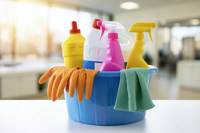 Blue plastic bucket filled with cleaning supplies and gloves on a kitchen countertop