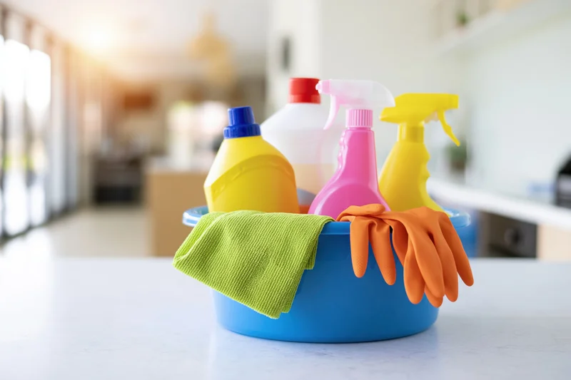 Blue plastic basin filled with cleaning supplies on kitchen countertop