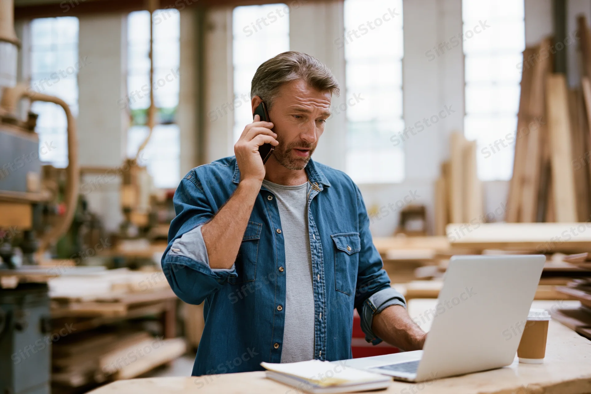 Carpenter talking on phone while working at workshop bench with laptop and wood materials