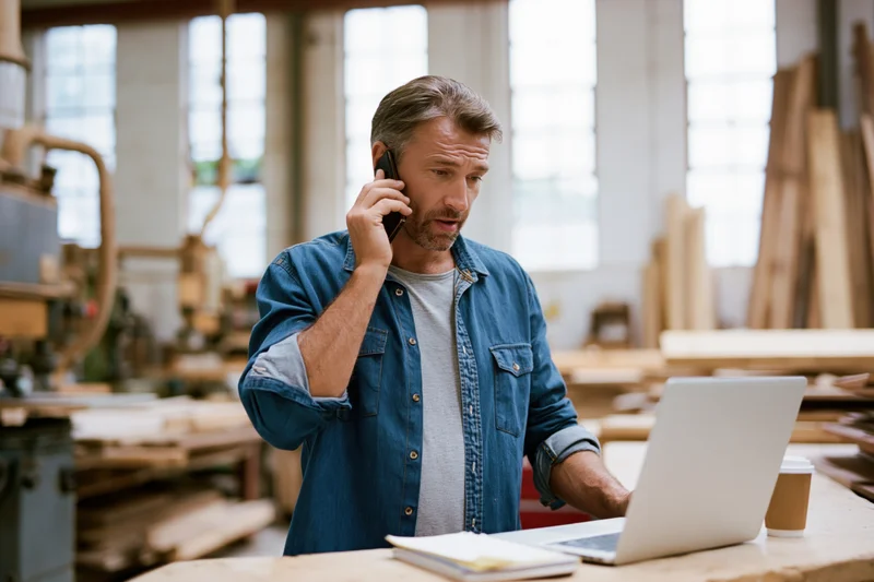 Carpenter talking on phone while working at workshop bench with laptop and wood materials
