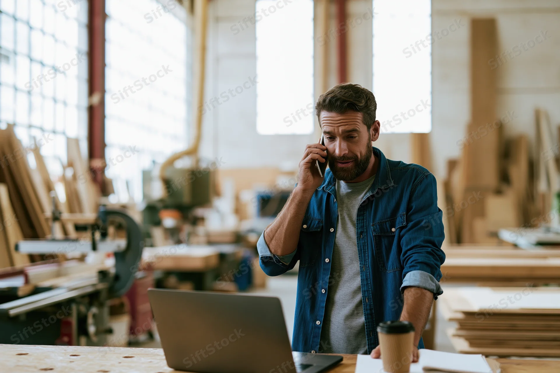 Carpenter talking on phone while standing at workshop bench with laptop and coffee cup