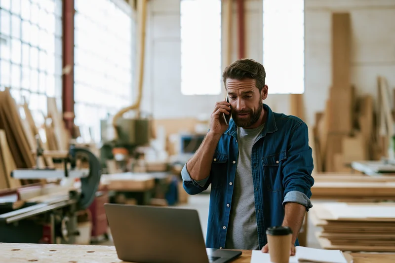 Carpenter talking on phone while standing at workshop bench with laptop and coffee cup