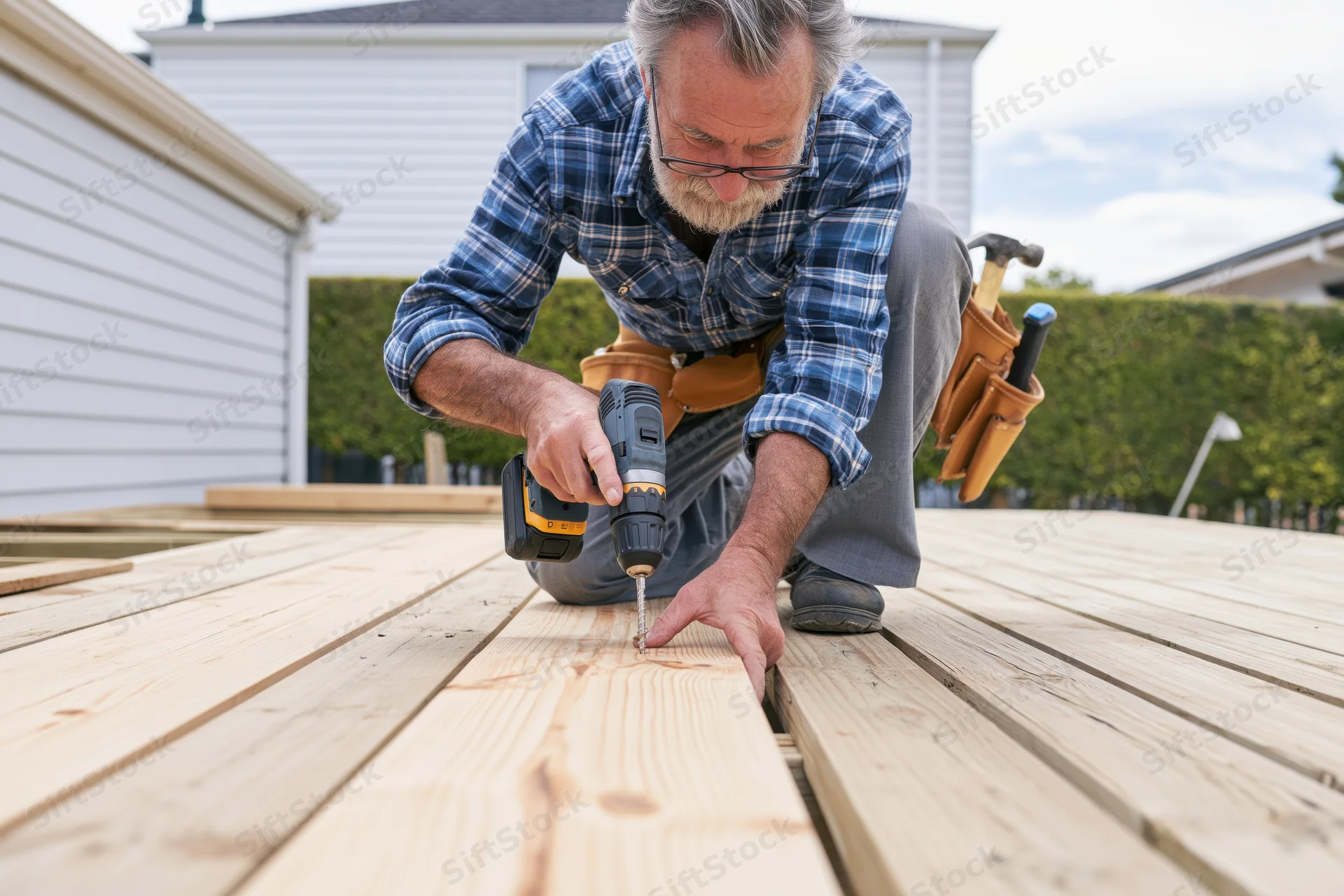Senior carpenter drilling into wooden deck planks outdoors during daytime