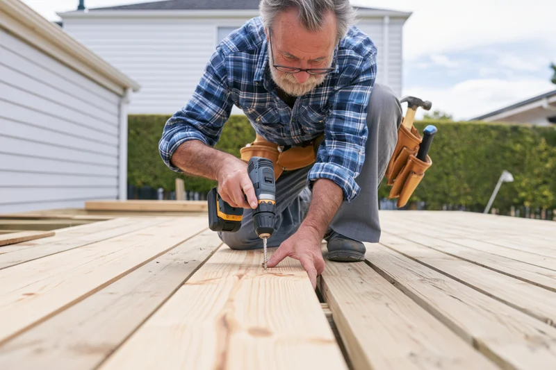 Senior carpenter drilling into wooden deck planks outdoors during daytime