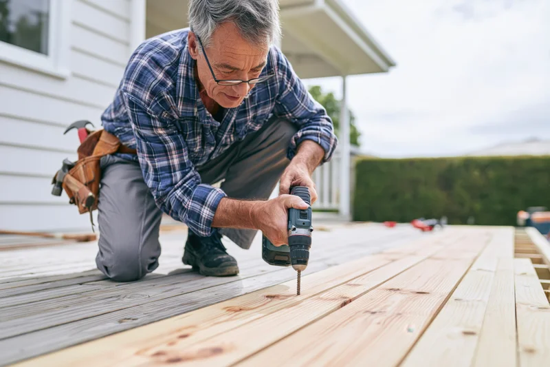 Senior man drilling into wooden deck boards during outdoor home renovation