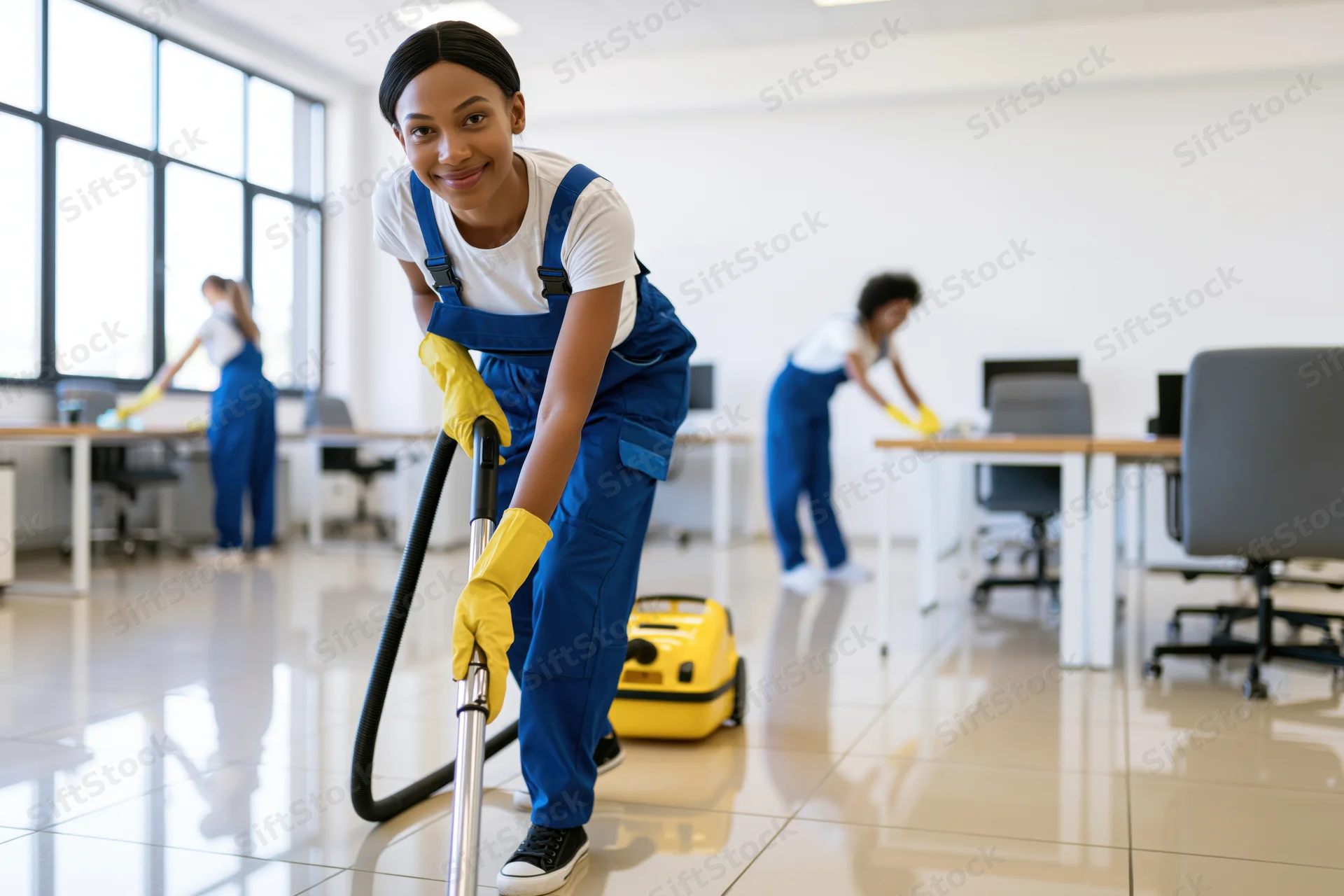 Woman in blue overalls vacuuming office floor with crew cleaning desks in background