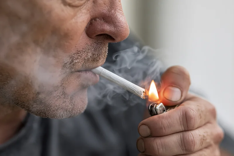 Middle-aged man lighting a cigarette with a lighter in close-up profile view