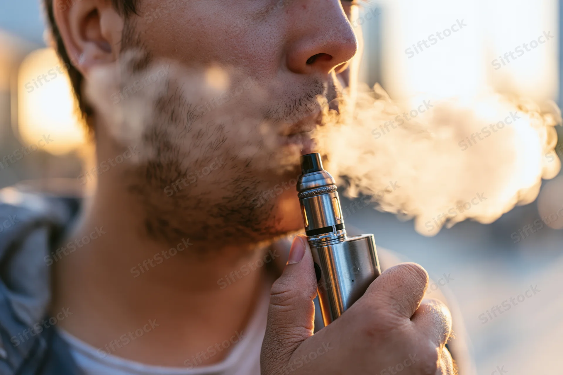 Young man exhaling vapor from e-cigarette in outdoor sunlight