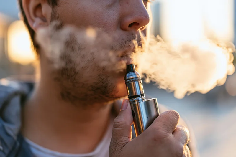 Young man exhaling vapor from e-cigarette in outdoor sunlight