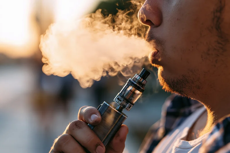 Young man exhaling vapor from a vape device outdoors at sunset