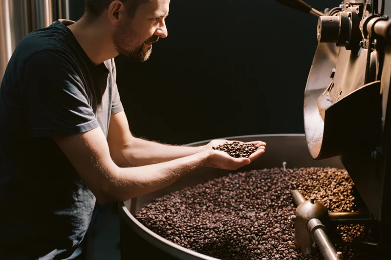 Man inspecting roasted coffee beans in a roasting machine