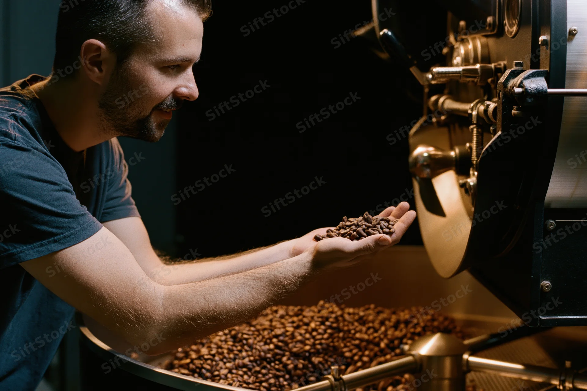 Man inspecting roasted coffee beans in a roastery