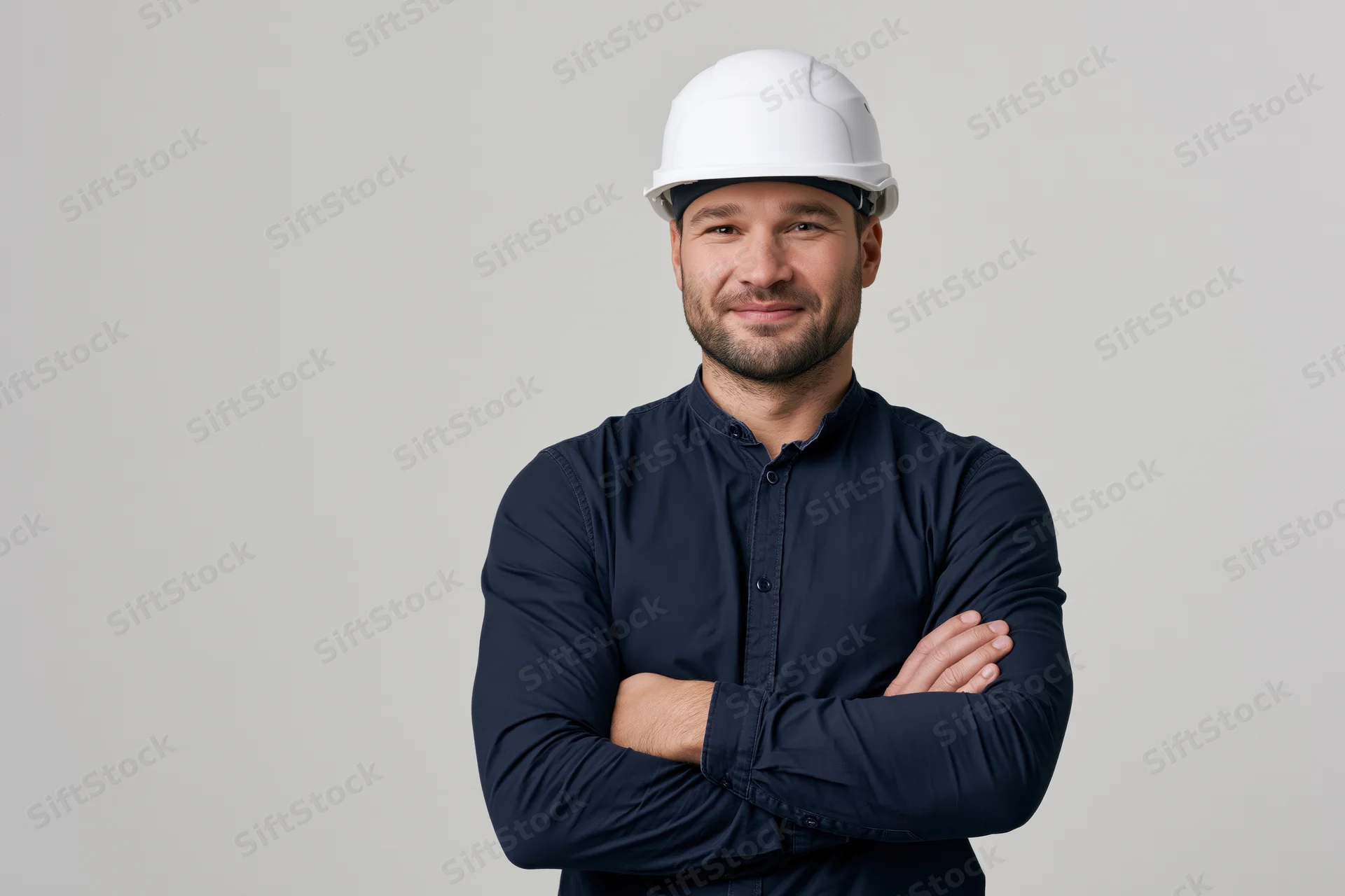 Confident male engineer in white helmet with arms crossed in studio portrait