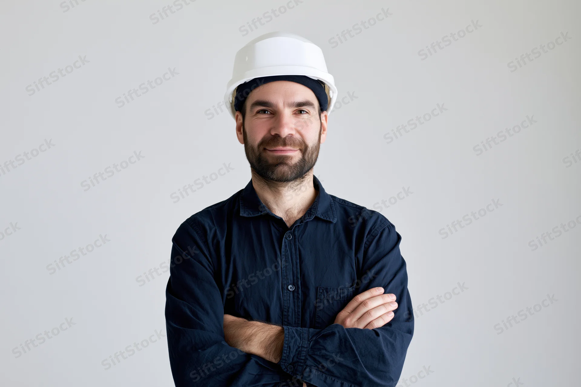 Man in white hard hat and blue shirt with arms crossed standing in studio