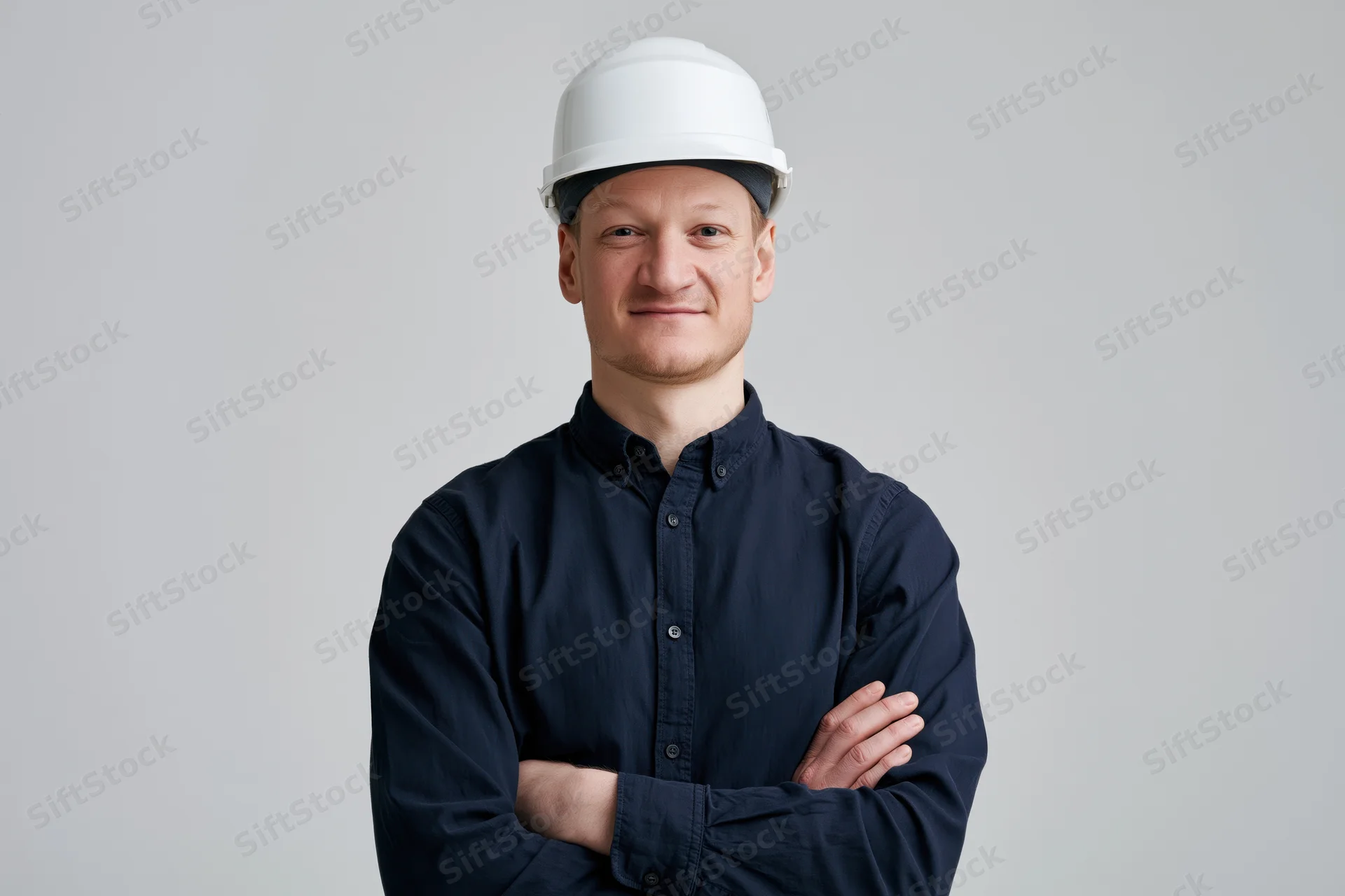 Man in white hard hat with arms crossed smiling in studio portrait