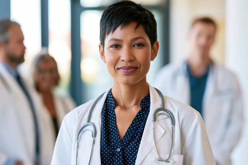 Young black female doctor smiling in white lab coat with stethoscope around neck in hospital hallway with colleagues in background