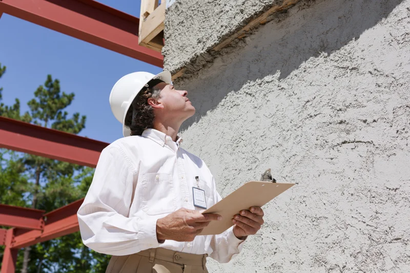 Man in white hard hat holding clipboard examining concrete wall at construction site