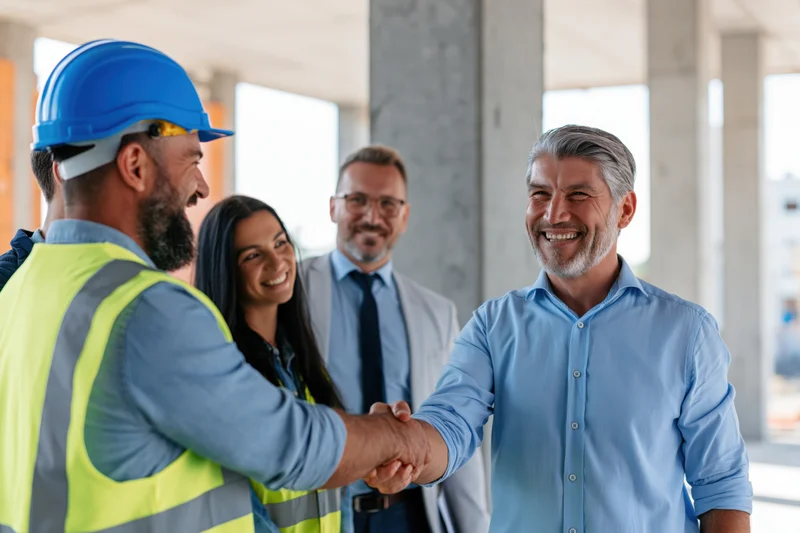 Construction engineer in blue hard hat shaking hands with a businessman on a building site, with team members observing in the background