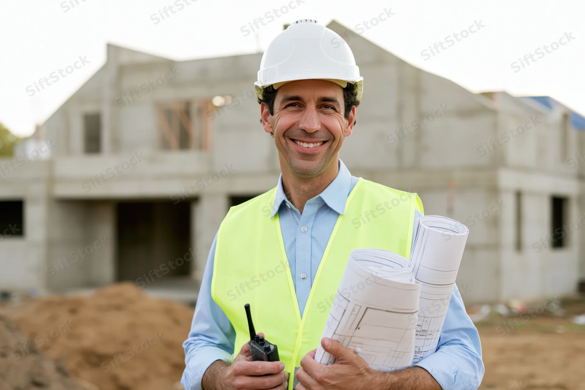 Smiling middleaged man in white helmet and yellow vest holding blueprints and walkie talkie at construction site